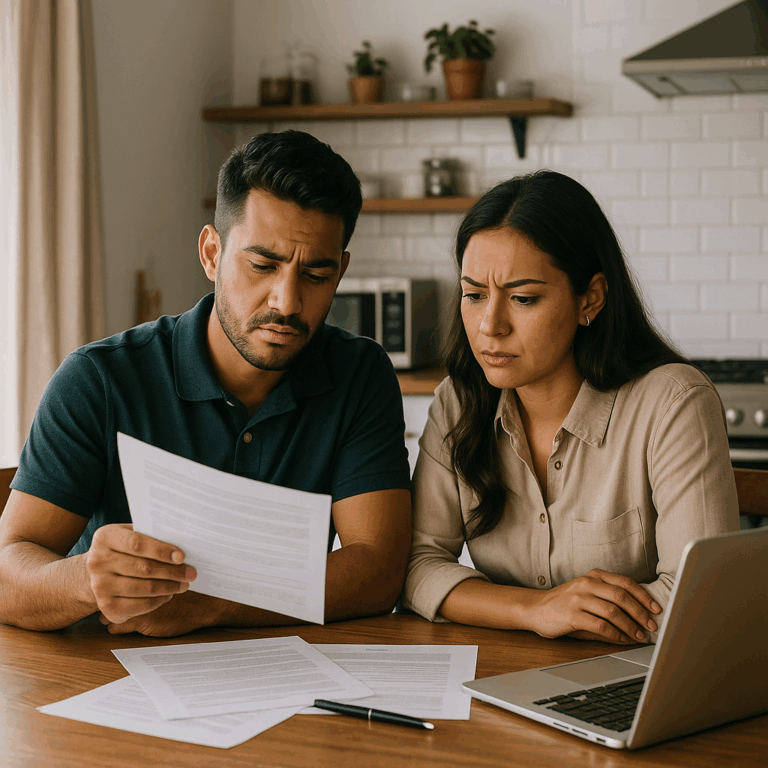 Couple discussing selling home at kitchen table