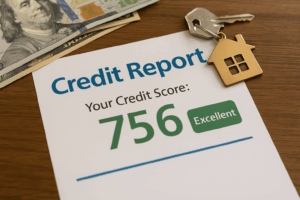 Close-up of a credit report showing an excellent credit score with a house-shaped keychain and cash on a wooden desk, symbolizing home buying readiness in Wichita Falls, TX.