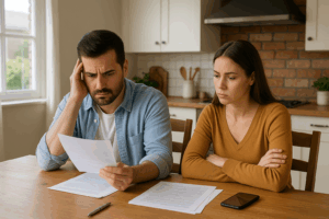 Divorcing couple reviewing home sale paperwork at a kitchen table in Wichita Falls, TX