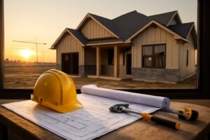Blueprint and construction tools on a worktable with a hard hat, set against the backdrop of a custom home under construction in Wichita Falls TX