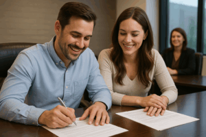 Image of happy couple signing paperwork