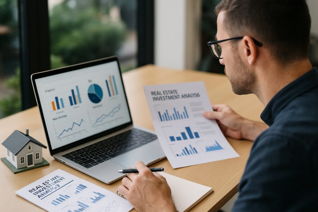 Professional analyzing real estate data on laptop and reports, showing IT solutions for real estate investors.