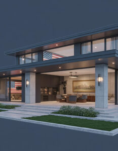 Modern home with USA flags