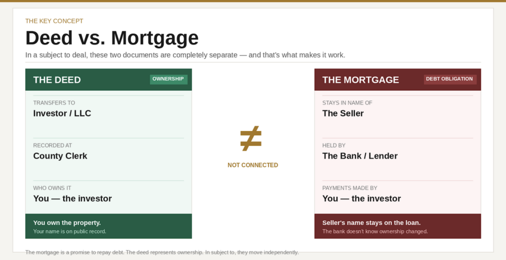 Diagram showing how the deed transfers to the investor while the mortgage stays in the seller's name in a subject-2 real estate deal.
