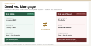 Diagram showing how the deed transfers to the investor while the mortgage stays in the seller's name in a subject-2 real estate deal.