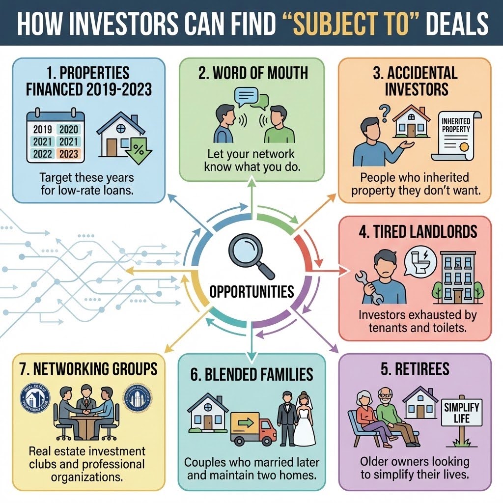 Infographic explaining how to find Subject 2 Real Estate deals by targeting properties financed between 2019 and 2023, including sources like word of mouth, accidental investors, tired landlords, retirees, blended families, and networking groups.