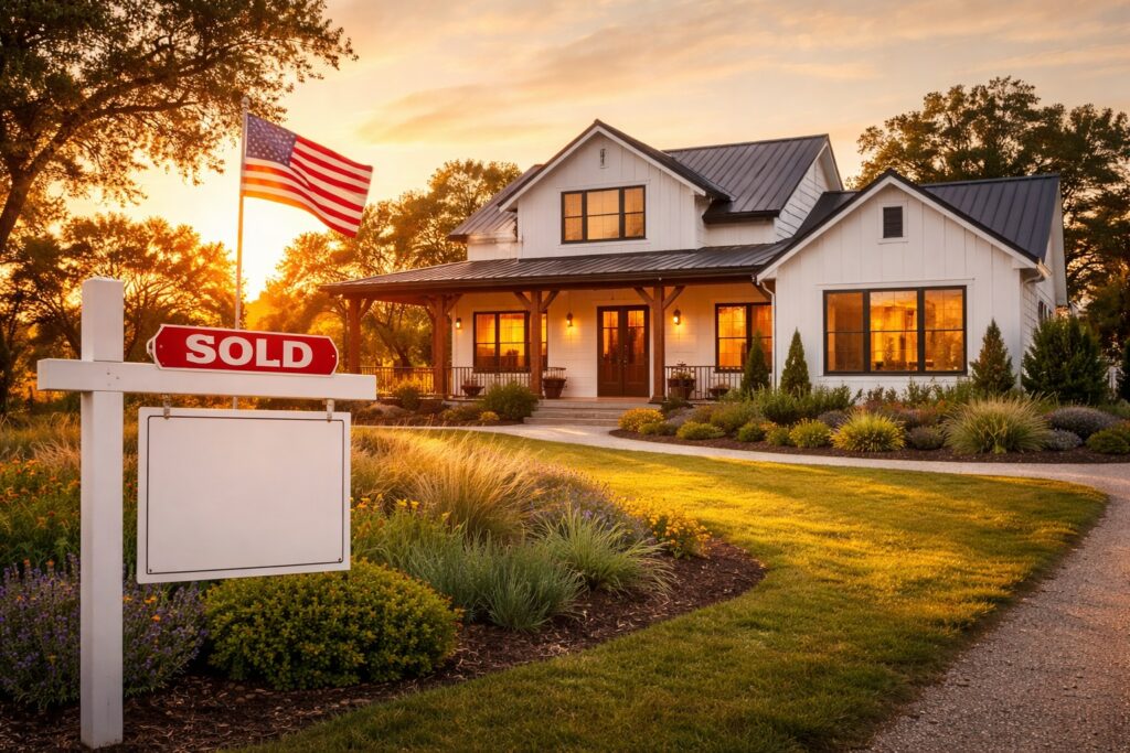 Farmhouse with a "Sold" sign at sunset — a Subject 2 real estate deal in action