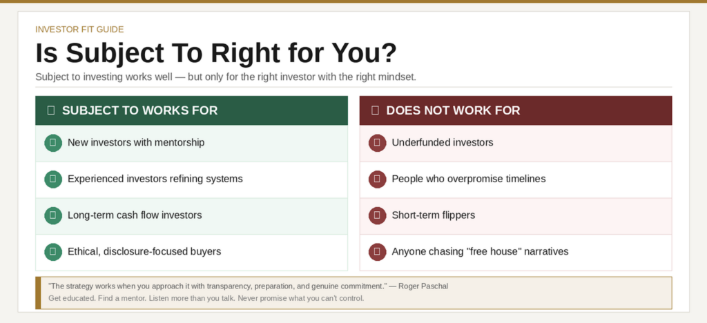 Comparison chart showing who should and shouldn't use subject-2 real estate investing.