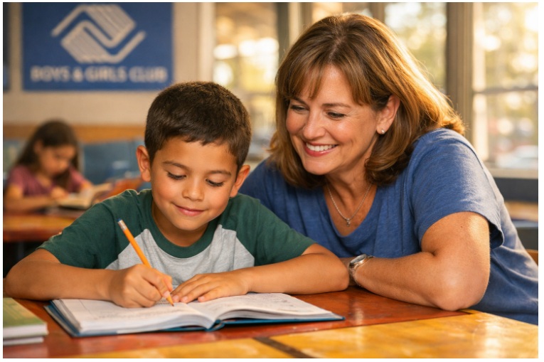 An adult volunteer sitting beside a young child at a table, helping with homework at a Boys and Girls Club location in Wichita Falls.