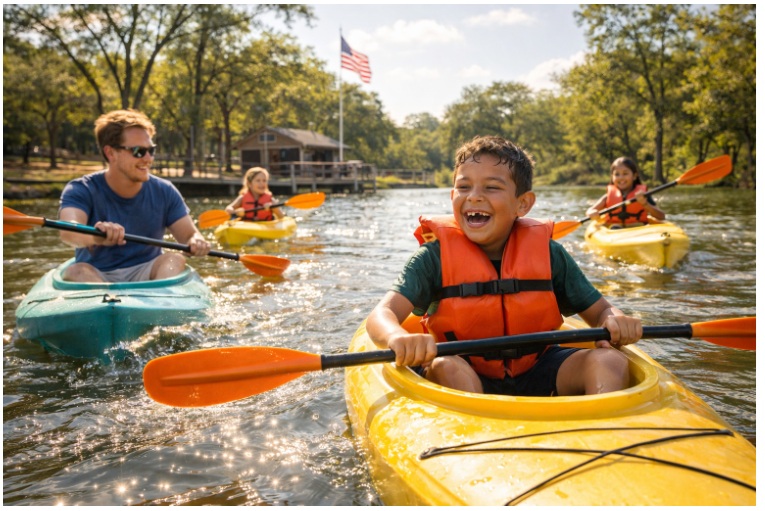 Children kayaking on a pond at Camp Graham Ball near Lake Kickapoo, part of the Boys and Girls Club of Wichita Falls summer program.