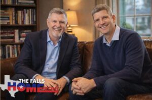 Eddie Speed and Tim Lockhart are sitting on a couch discussing note investing and seller financing strategies on The Falls Homefront podcast.