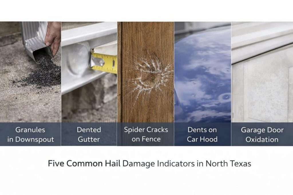 ail damage signs: granules in downspout, dented gutter, spider cracks on fence, car hood dents, and oxidation on garage door.