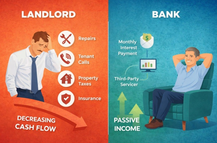 Diagram comparing rental property cash flow versus note investing passive income stream.