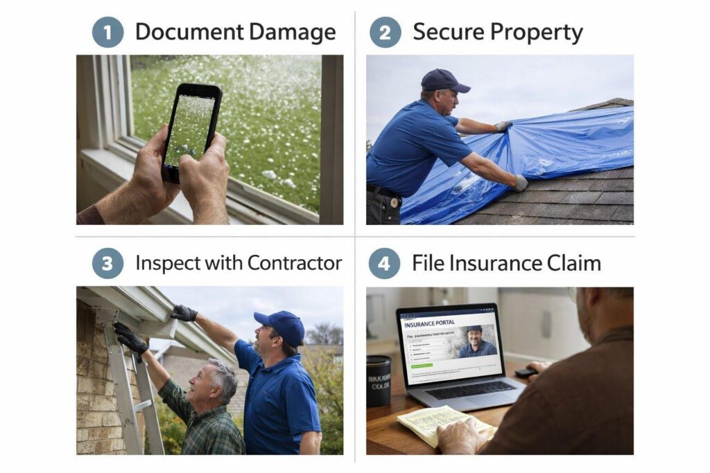 Four-step visual guide: document hail with smartphone, tarp roof, inspect gutters, file insurance claim online.