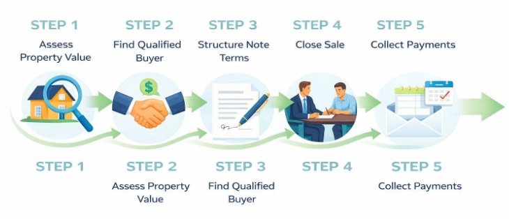 Step by step infographic showing how a landlord can convert a rental property into a seller-financed note for passive income.