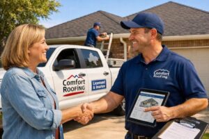 Trusted local roofing contractor shaking hands with homeowner in Wichita Falls Texas