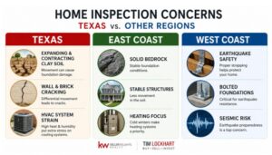 Infographic comparing Texas home inspection concerns with East Coast bedrock and West Coast earthquake safety issues.