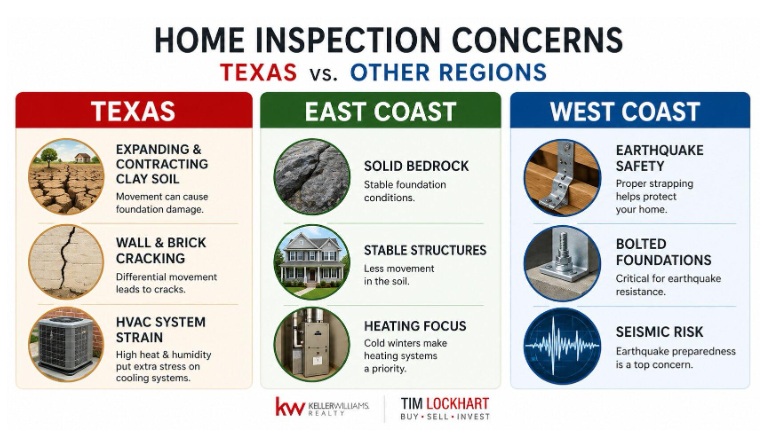 Infographic comparing Texas home inspection concerns with East Coast bedrock and West Coast earthquake safety issues.