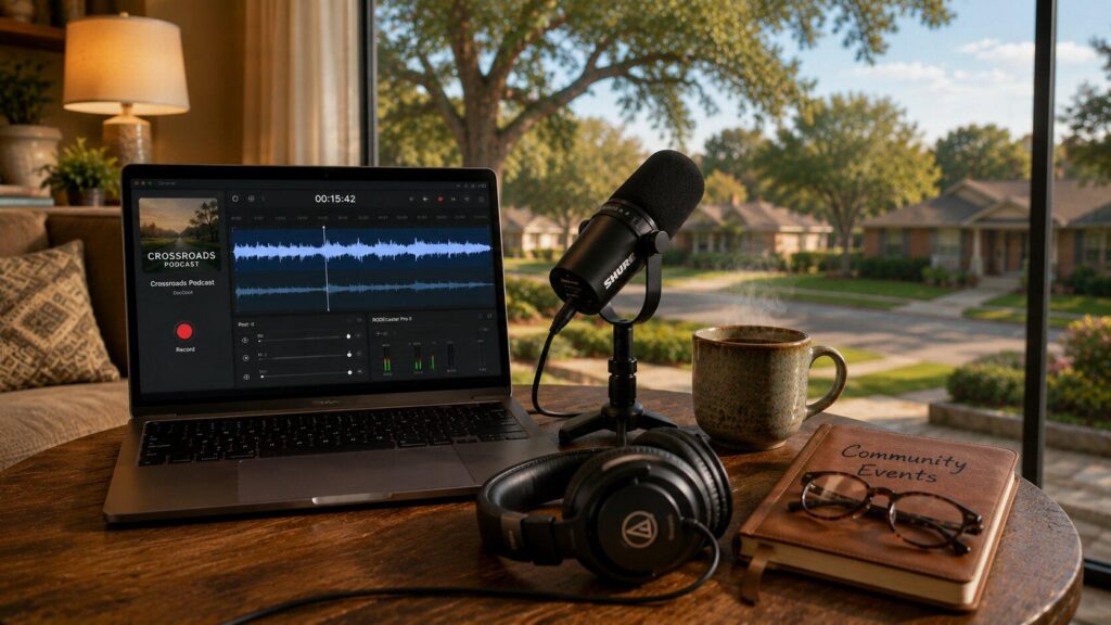 A cozy coffee table with a laptop open to podcast software, a ceramic mug, a notebook labeled Community Events, and a view of a North Texas neighborhood.