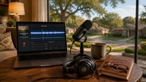 A cozy coffee table with a laptop open to podcast software, a ceramic mug, a notebook labeled Community Events, and a view of a North Texas neighborhood.