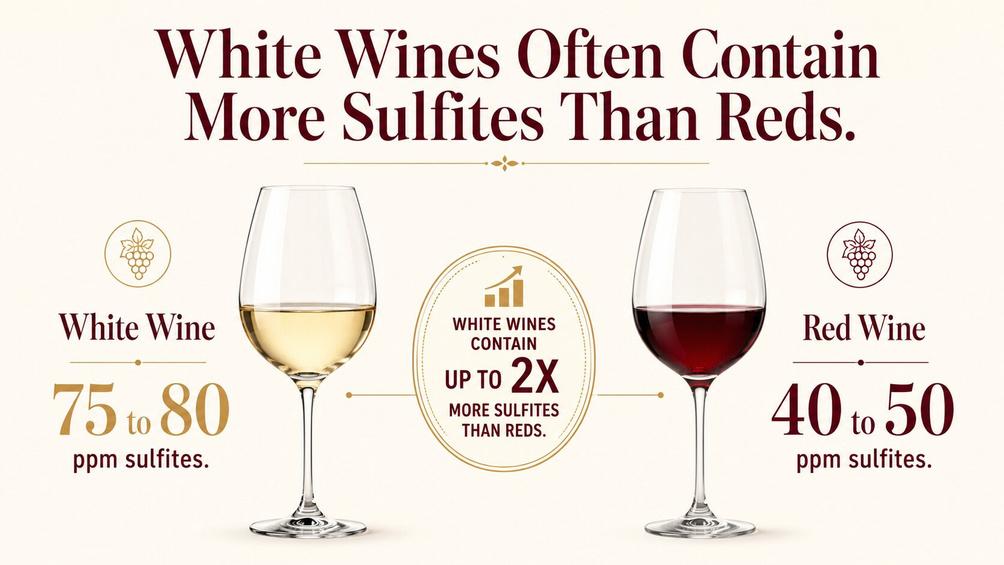 Chart showing white wines contain higher sulfite levels than dry red wines.