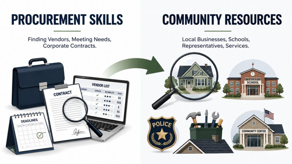 Comparison graphic showing how corporate procurement and information skills translate to finding local community resources, housing, and home services in North Texas.