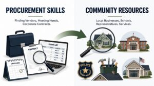 Comparison graphic showing how corporate procurement and information skills translate to finding local community resources, housing, and home services in North Texas.