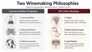 Comparison of commercial mass production winemaking versus boutique low-intervention methods at OG Cellars.