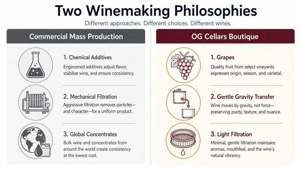 Comparison of commercial mass production winemaking versus boutique low-intervention methods at OG Cellars.