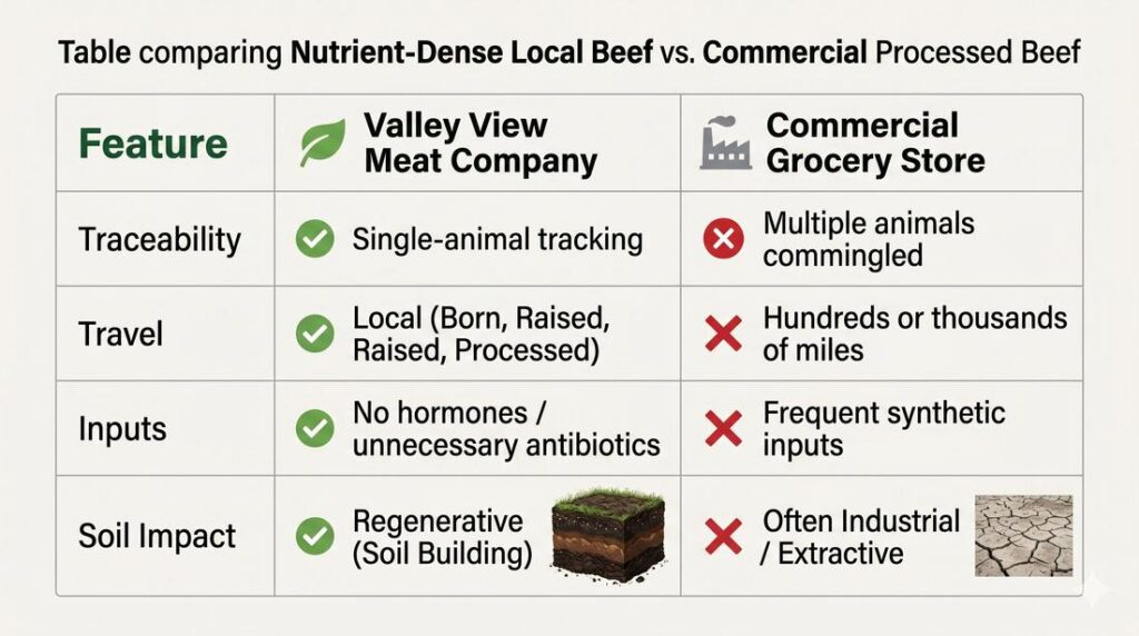 Comparison table showing Valley View Meat Company nutrient dense local beef versus commercial grocery store beef across traceability, travel, inputs, and soil impact.