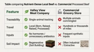 Comparison table showing Valley View Meat Company nutrient dense local beef versus commercial grocery store beef across traceability, travel, inputs, and soil impact.