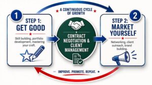 Diagram showing the cyclical relationship between developing artistic skills, marketing yourself, and managing client contracts for creative entrepreneurs