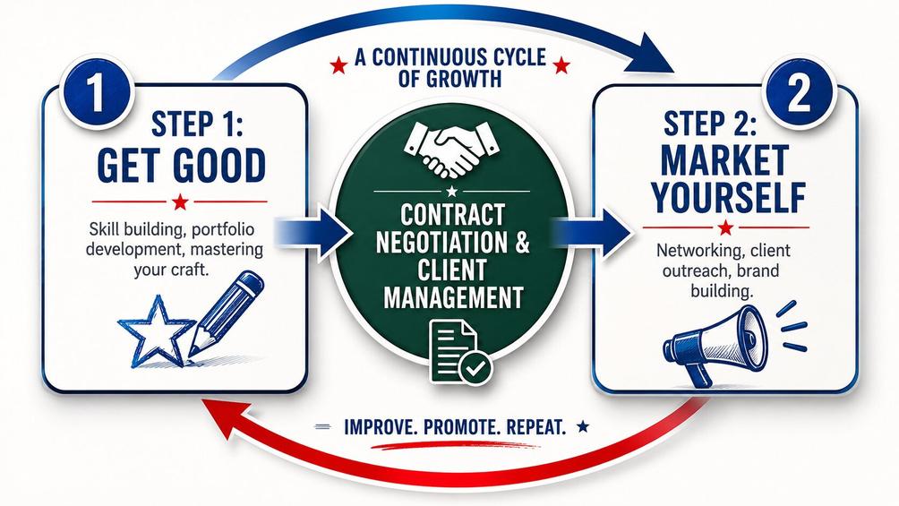 Diagram showing the cyclical relationship between developing artistic skills, marketing yourself, and managing client contracts for creative entrepreneurs