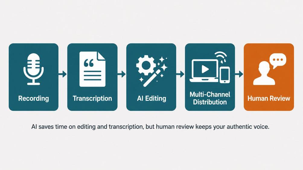 Five-step workflow diagram for AI-assisted podcast production recording, transcription, AI editing, distribution, and human review for authenticity.