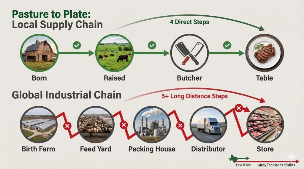 Framework diagram showing the simple local supply chain of Valley View Meat Company from pasture to plate compared to the complex global industrial chain.
