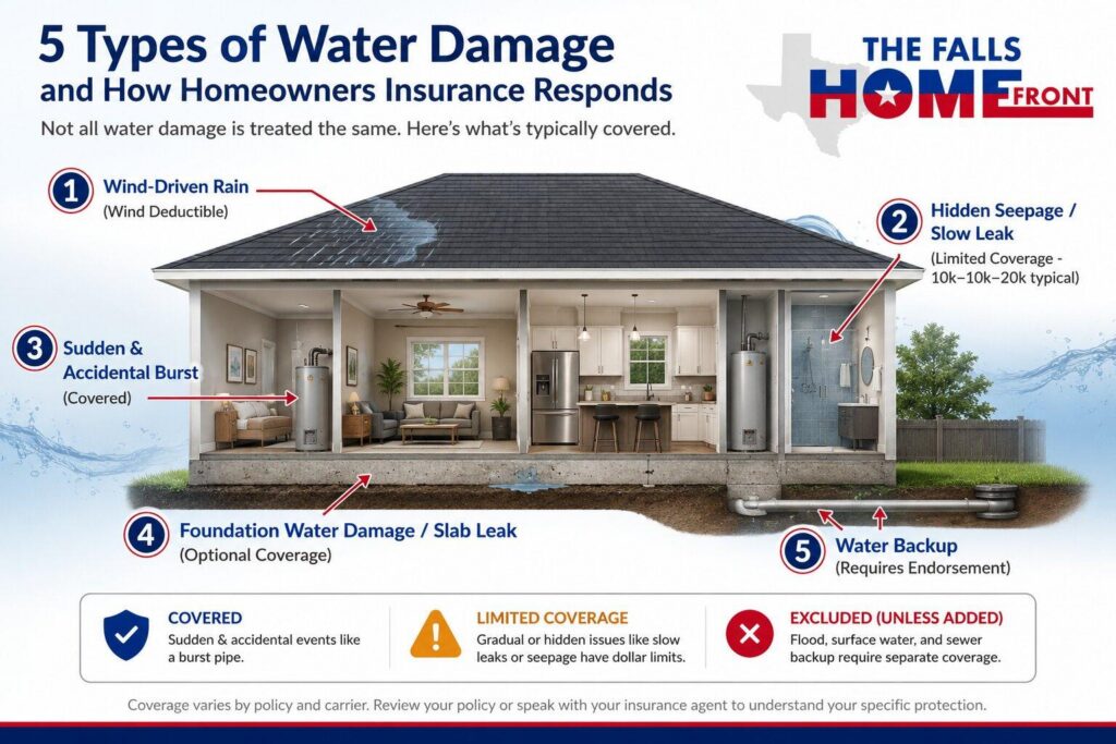 Infographic mapping five types of water damage coverage for Texas homeowners' insurance including hidden seepage and water backup