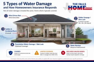 Infographic mapping five types of water damage coverage for Texas homeowners' insurance including hidden seepage and water backup