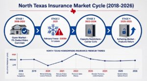 Infographic showing the North Texas insurance market cycle from 2018 to 2026 including the 2021 freeze and current softening market