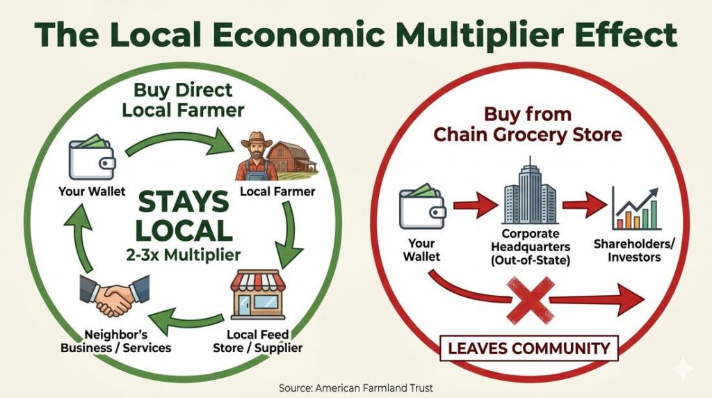 Infographic showing the local economic multiplier effect of buying direct from farmers versus chain grocery stores in North Texas