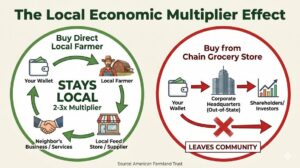 Infographic showing the local economic multiplier effect of buying direct from farmers versus chain grocery stores in North Texas