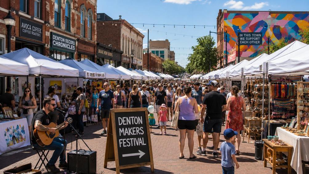 Outdoor art festival in downtown Denton with white canopy tents, local artists displaying their work, and crowds of people shopping at the North Texas Makers market