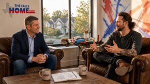 Tim Lockhart and David Baker discussing public art and real estate on The Falls Homefront podcast in a cozy living room setting