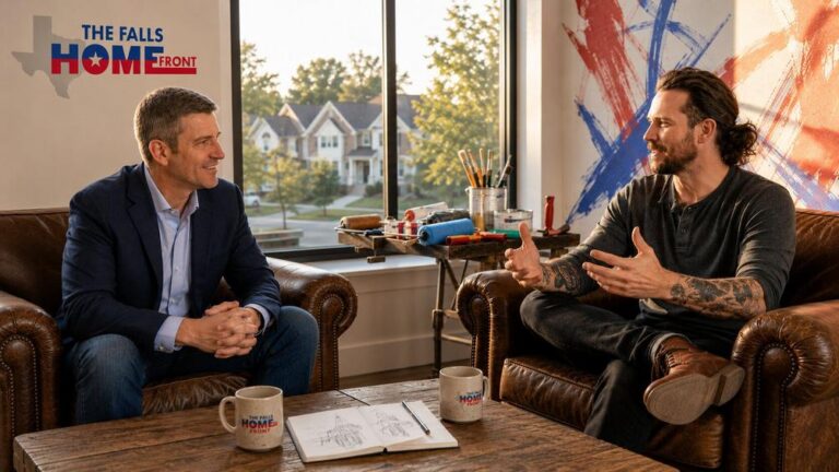 Tim Lockhart and David Baker discussing public art and real estate on The Falls Homefront podcast in a cozy living room setting