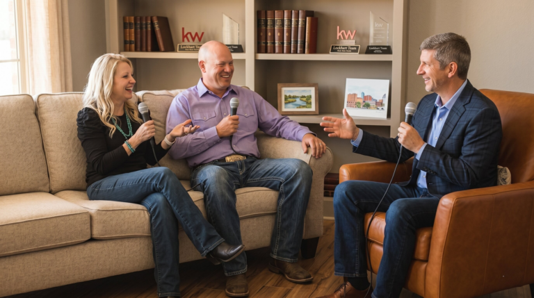 Tim Lockhart interviewing Mark and Tara Dora of Valley View Meat Company for the Falls Homefront podcast in a warm living room setting.
