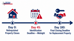Timeline infographic showing the 45-day identification deadline and 180-day final closing deadline for completing a 1031 tax-deferred exchange