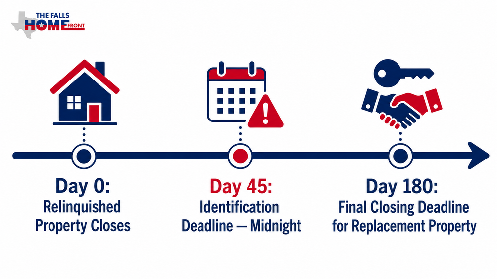 Timeline infographic showing the 45-day identification deadline and 180-day final closing deadline for completing a 1031 tax-deferred exchange