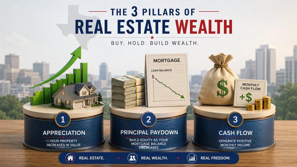 Buy and hold real estate wealth building infographic showing appreciation principal paydown and monthly cash flow for investors