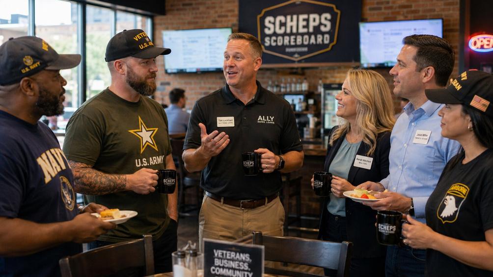 Veteran business owners and ally business members networking at a North Texas Veterans Business Council meeting at Scheps Scoreboard.
