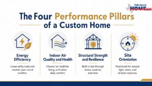 Four performance pillars of a high-performance custom home efficiency, air quality, strength, orientation.