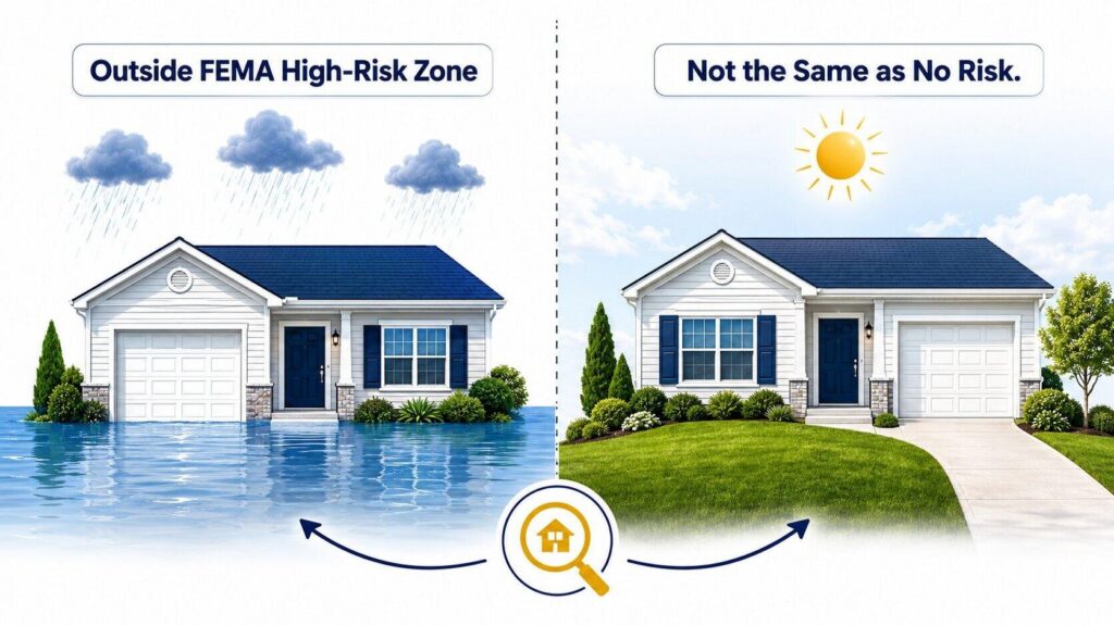 Illustration comparing FEMA flood zone designation to actual property flood risk
